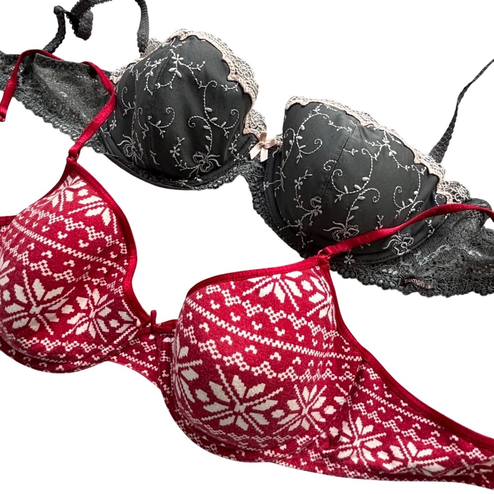 Aerie Triumph Bra Bundle Womens 36C Red Grey Lace Floral Snowflake Coquette